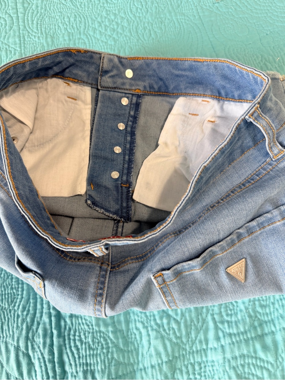 {GUESS} Light Blue Wash Distressed Denim Mini Skirt - Front High Waisted Buttons - Picture 12 of 14